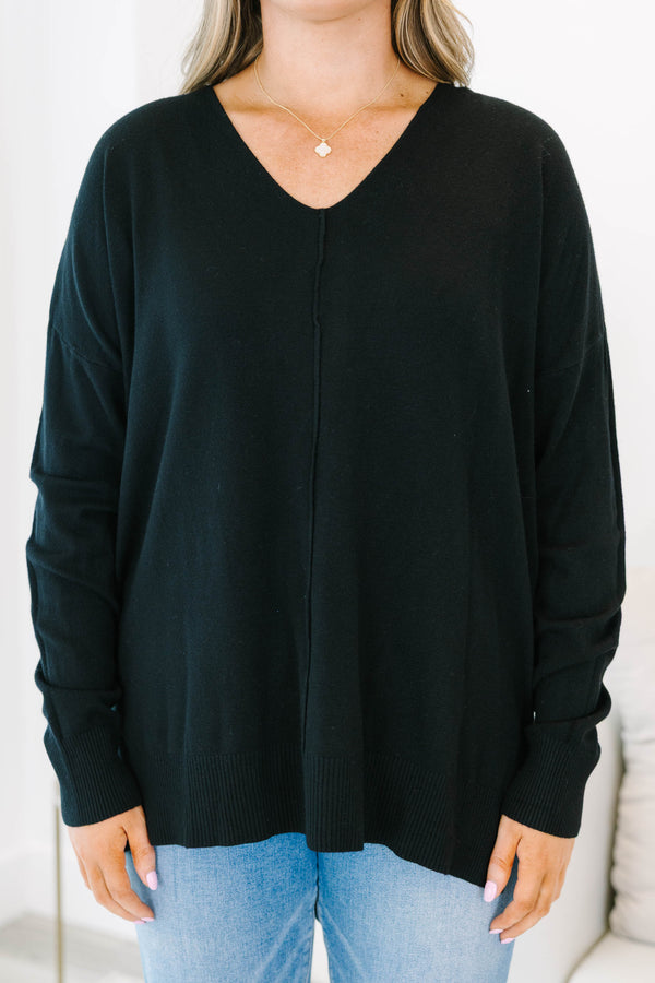 Chic Soul plus size clothing, black sweater with v neckline and textured detail down the center and small slits on the bottom sides