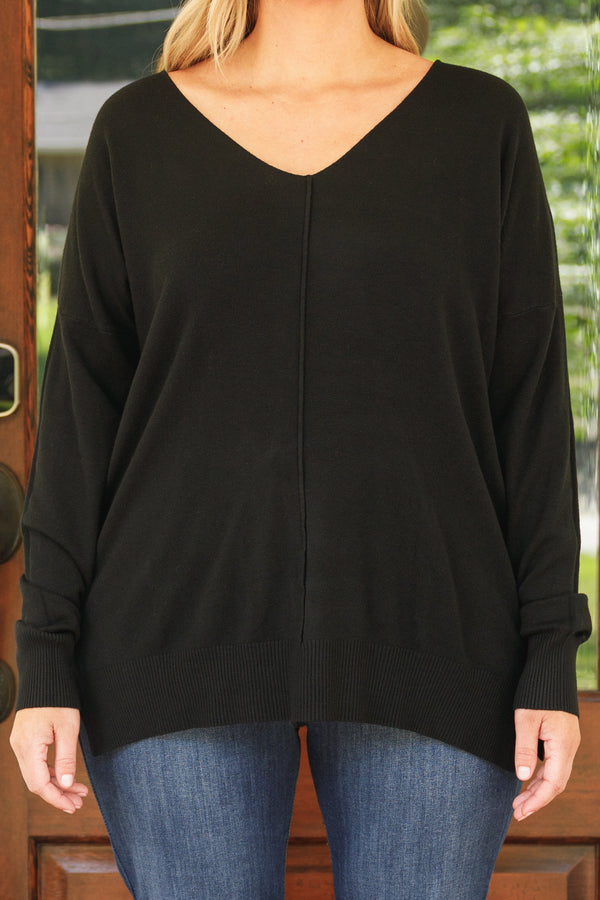 Chic Soul plus size clothing, black sweater with v neckline and textured detail down the center and small slits on the bottom sides