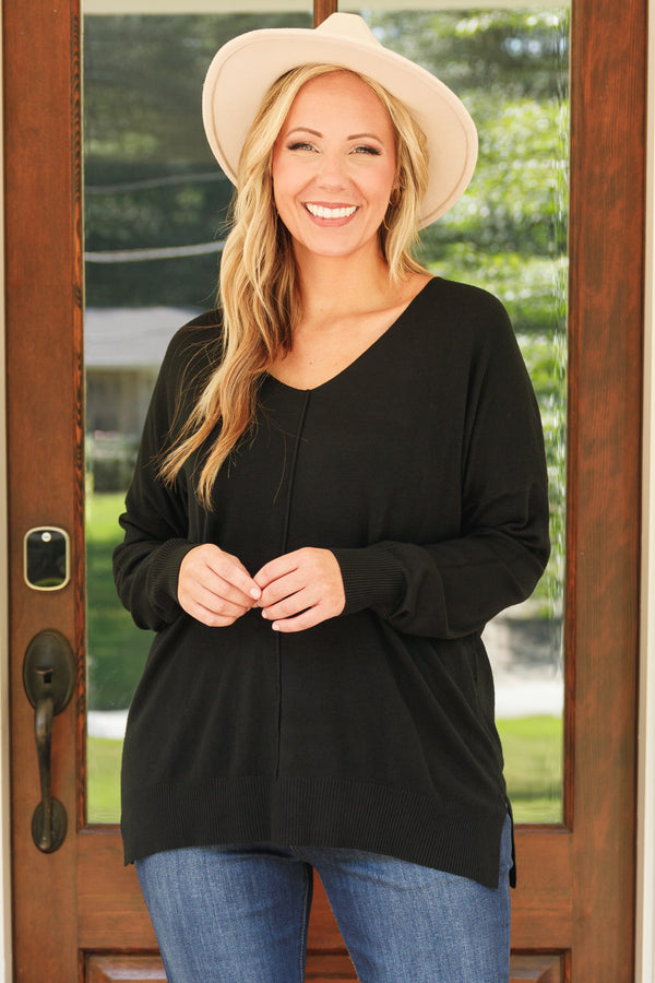 Chic Soul plus size clothing, black sweater with v neckline and textured detail down the center and small slits on the bottom sides