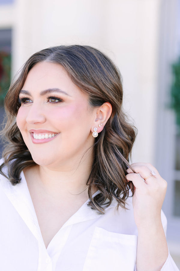 Plus size clothing, pearl drop earrings with gold plating