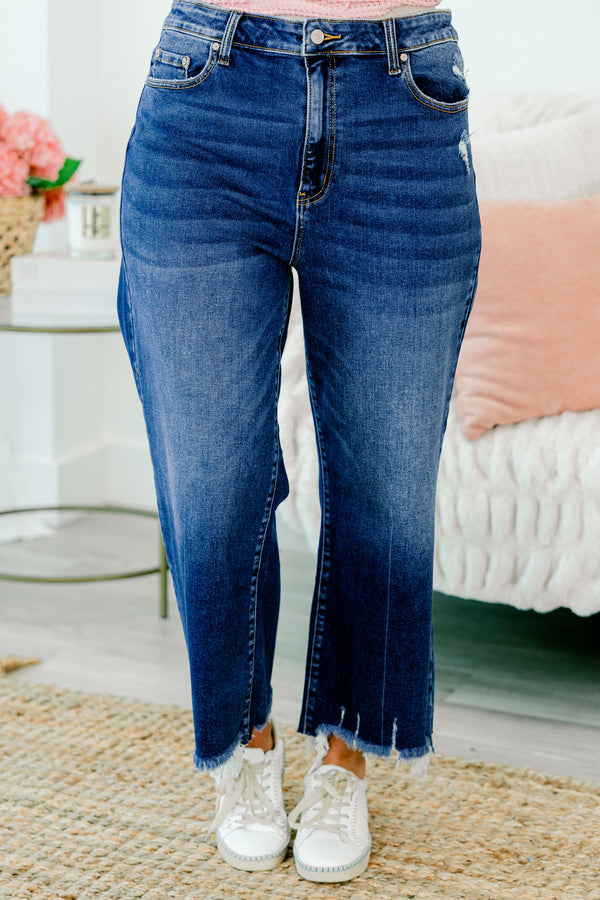 Chic Soul plus size clothing, dark wash denim jeans with raw distressed hem