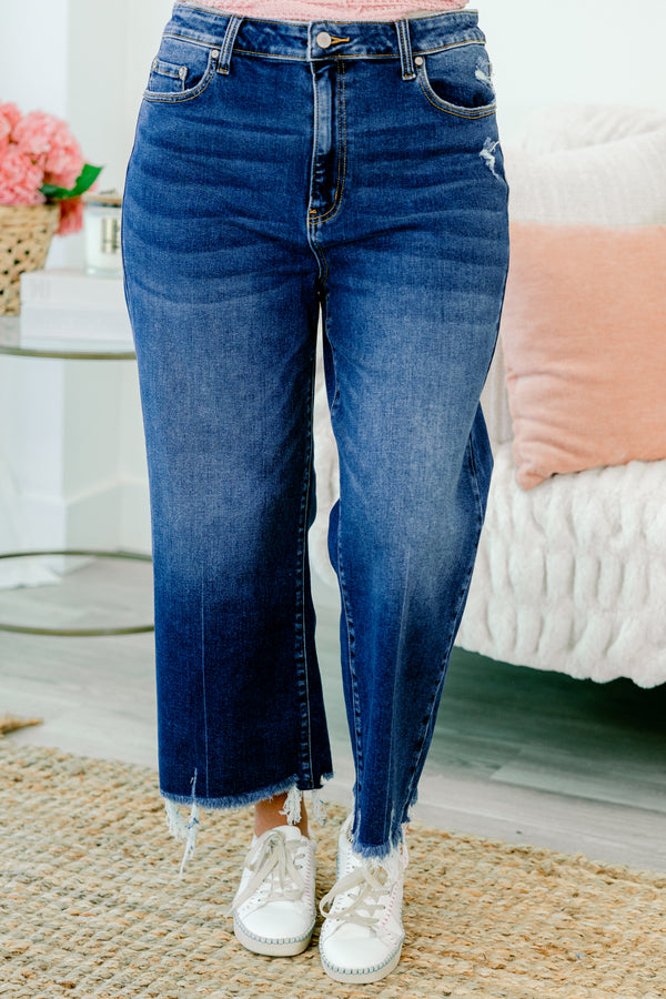 Chic Soul plus size clothing, dark wash denim jeans with raw distressed hem