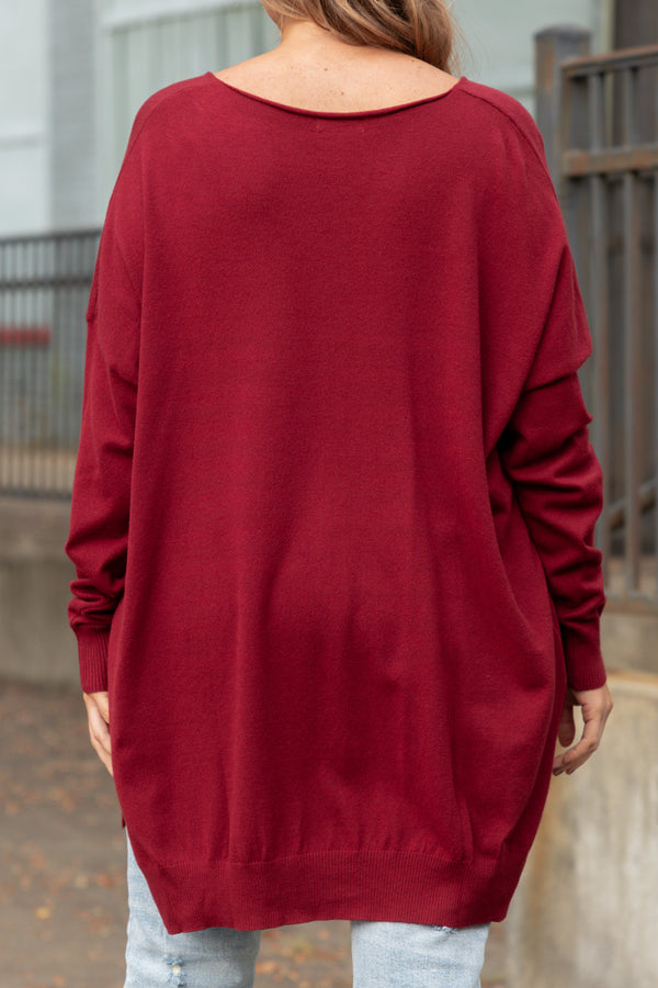 Chic Soul plus size clothing, burgundy long sleeves knitted sweater with a seamline down the front and side slits