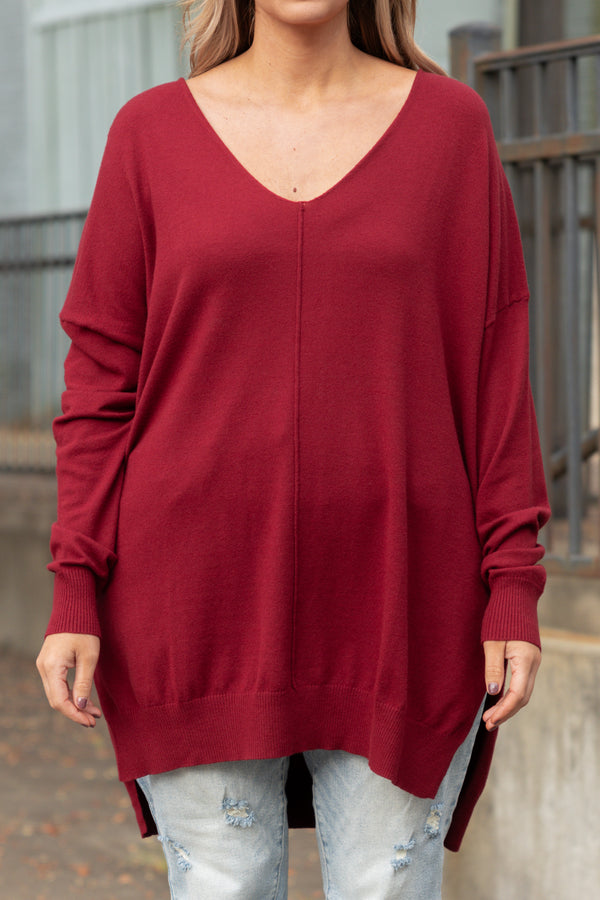 Chic Soul plus size clothing, burgundy long sleeves knitted sweater with a seamline down the front and side slits