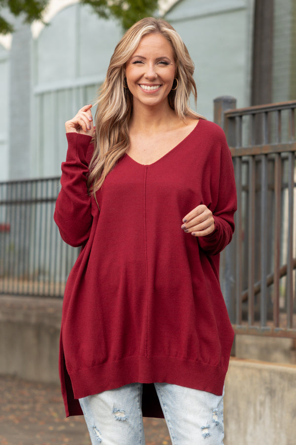Chic Soul plus size clothing, burgundy long sleeves knitted sweater with a seamline down the front and side slits