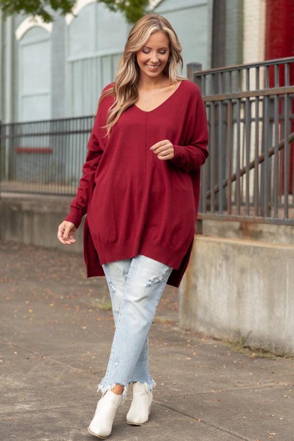 Chic Soul plus size clothing, burgundy long sleeves knitted sweater with a seamline down the front and side slits