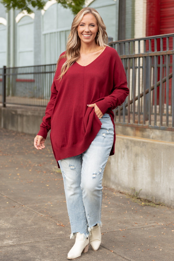 Chic Soul plus size clothing, burgundy long sleeves knitted sweater with a seamline down the front and side slits