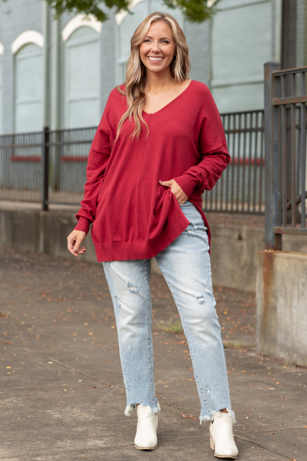 Chic Soul plus size clothing, dark rust long sleeves knitted sweater with a seamline down the front and side slits