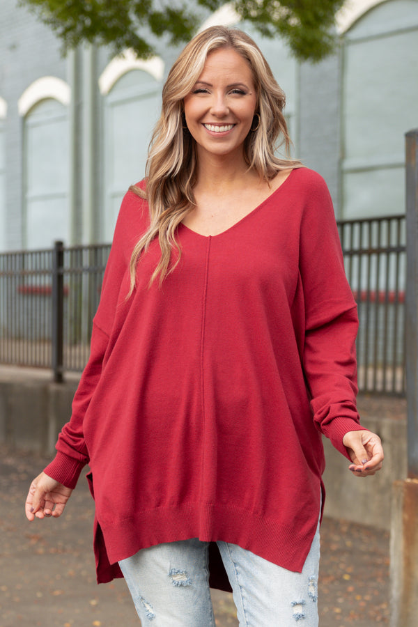 Chic Soul plus size clothing, dark rust long sleeves knitted sweater with a seamline down the front and side slits