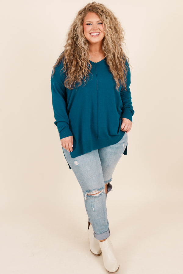 Chic Soul plus size clothing, teal long sleeves knitted sweater with a seamline down the front and side slits