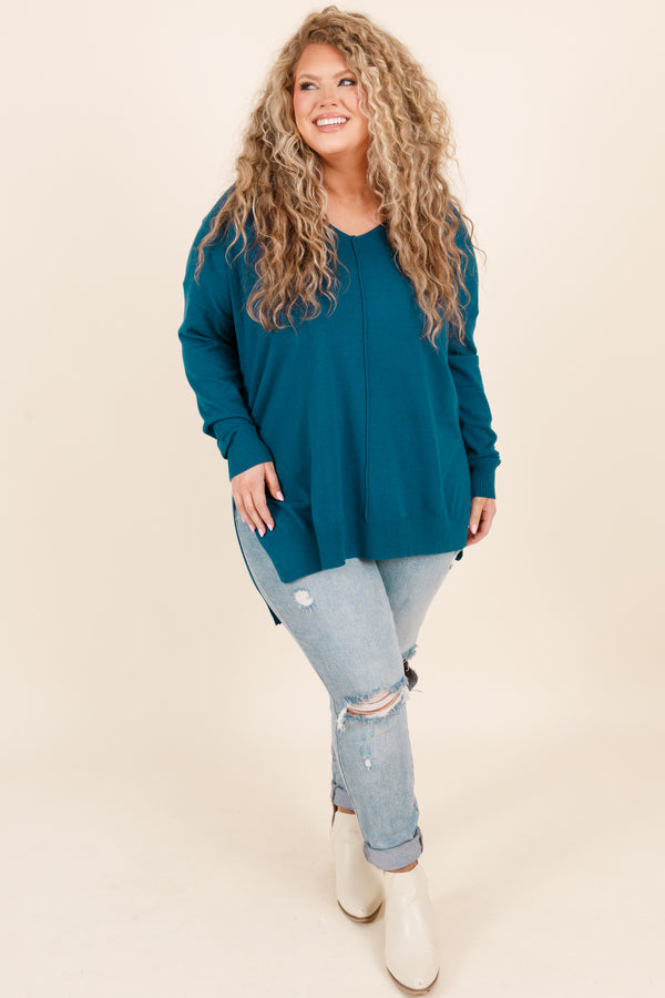 Chic Soul plus size clothing, teal long sleeves knitted sweater with a seamline down the front and side slits