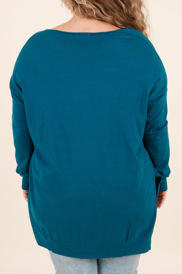 Chic Soul plus size clothing, teal long sleeves knitted sweater with a seamline down the front and side slits