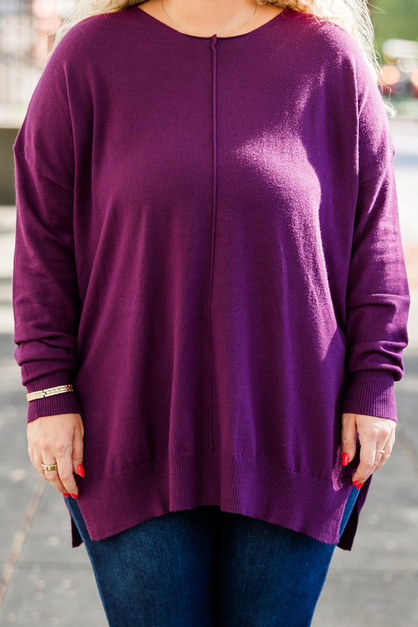 Chic Soul plus size clothing, slight v neck soft sweater longer in back slits on the sides outward seamline down center, purple