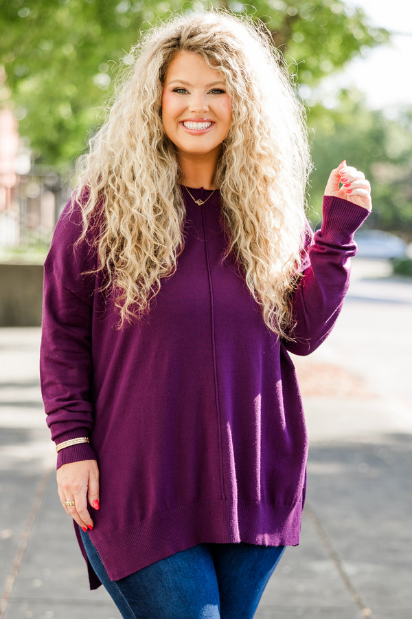 Chic Soul plus size clothing, slight v neck soft sweater longer in back slits on the sides outward seamline down center, purple