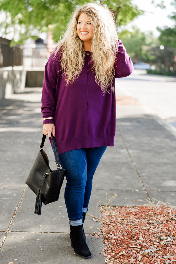 Chic Soul plus size clothing, slight v neck soft sweater longer in back slits on the sides outward seamline down center, purple