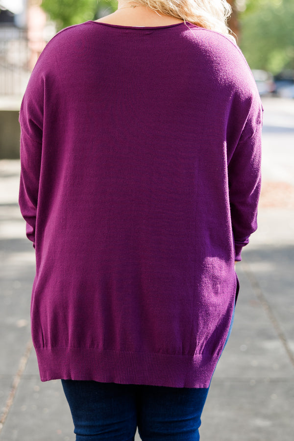 Chic Soul plus size clothing, slight v neck soft sweater longer in back slits on the sides outward seamline down center, purple