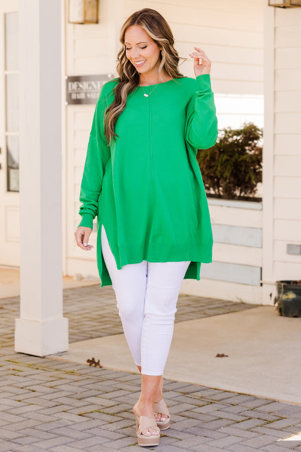 Chic Soul plus size clothing, kellygreen sweater with long sleeves and small slit on each side