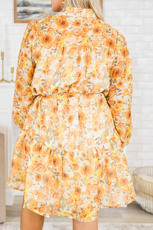 Plus Size amber yellow floral mini dress with a high mock neck, long puff sleeves, and waist sash.