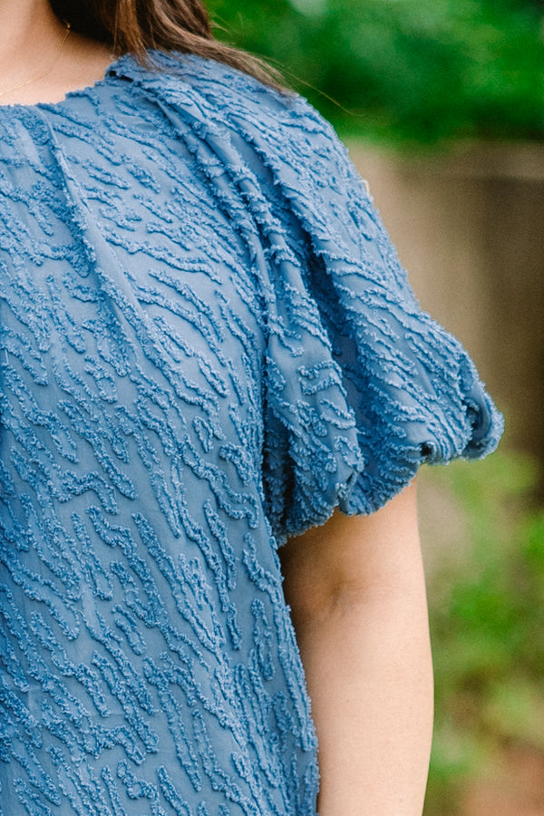 Chic Soul plus size clothing, denim blue short-bubble sleeve high pleated neckline textured blouse