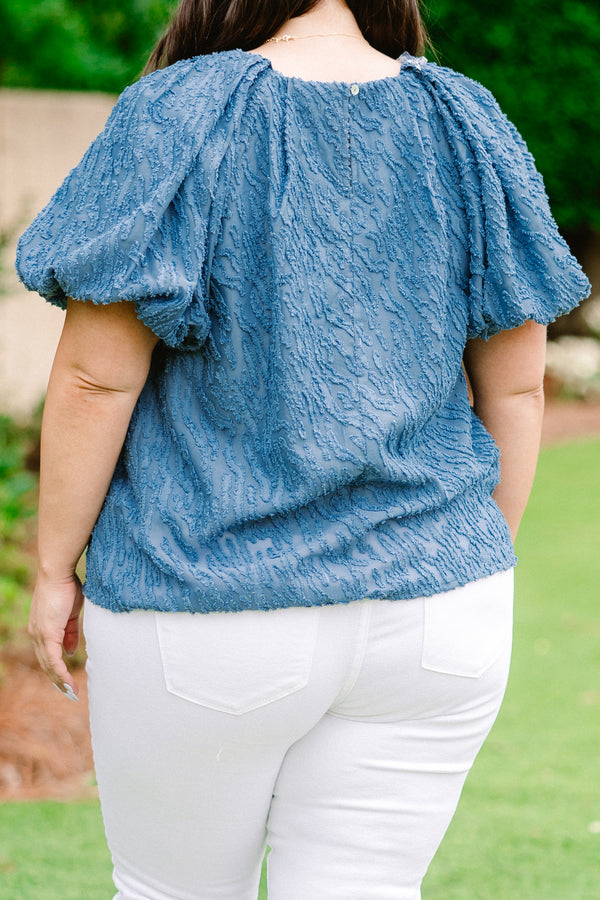 Chic Soul plus size clothing, denim blue short-bubble sleeve high pleated neckline textured blouse