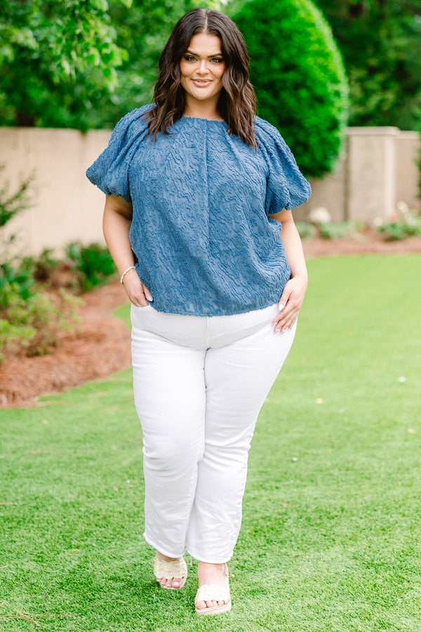 Chic Soul plus size clothing, denim blue short-bubble sleeve high pleated neckline textured blouse