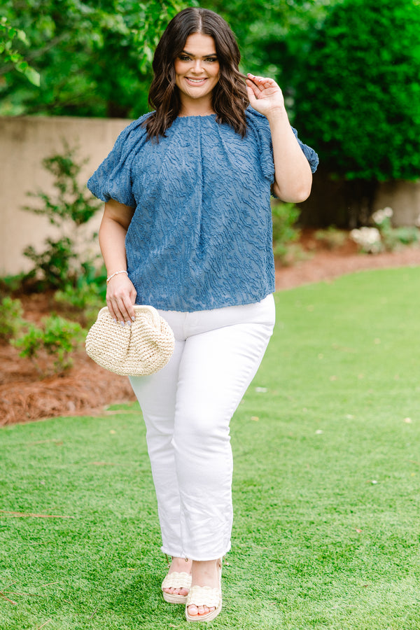 Chic Soul plus size clothing, denim blue short-bubble sleeve high pleated neckline textured blouse