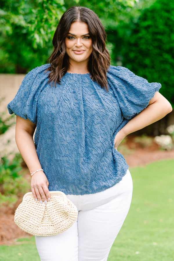 Chic Soul plus size clothing, denim blue short-bubble sleeve high pleated neckline textured blouse
