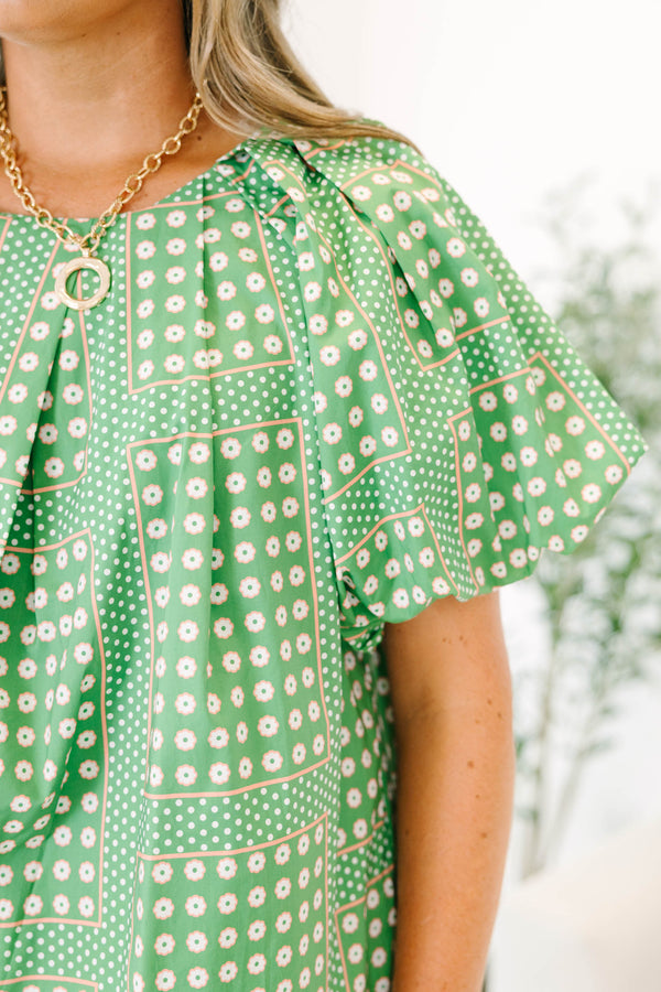 Chic Soul plus size clothing, green and white polka dot pattern top with puff sleeves with round neckline 