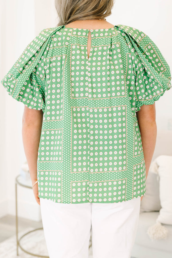 Chic Soul plus size clothing, green and white polka dot pattern top with puff sleeves with round neckline 