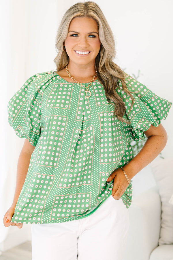 Chic Soul plus size clothing, green and white polka dot pattern top with puff sleeves with round neckline 