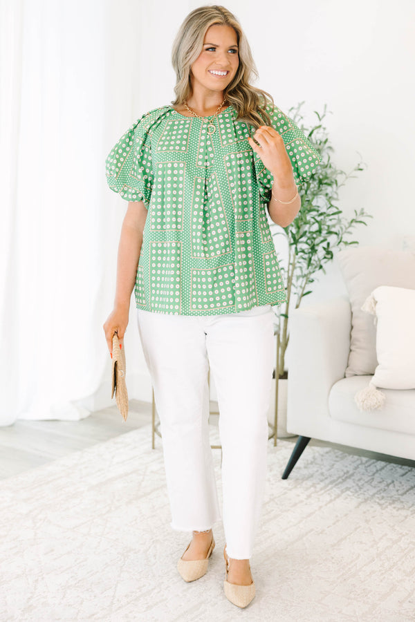 Chic Soul plus size clothing, green and white polka dot pattern top with puff sleeves with round neckline 