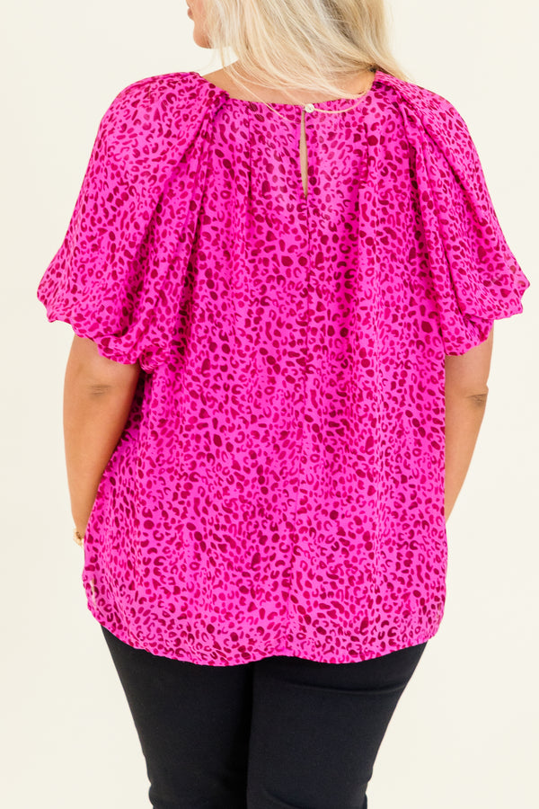 Chic Soul plus size clothing, short-ruffled-sleeve hot pink top with a scoop-neckline and dark pink leopard print pattern