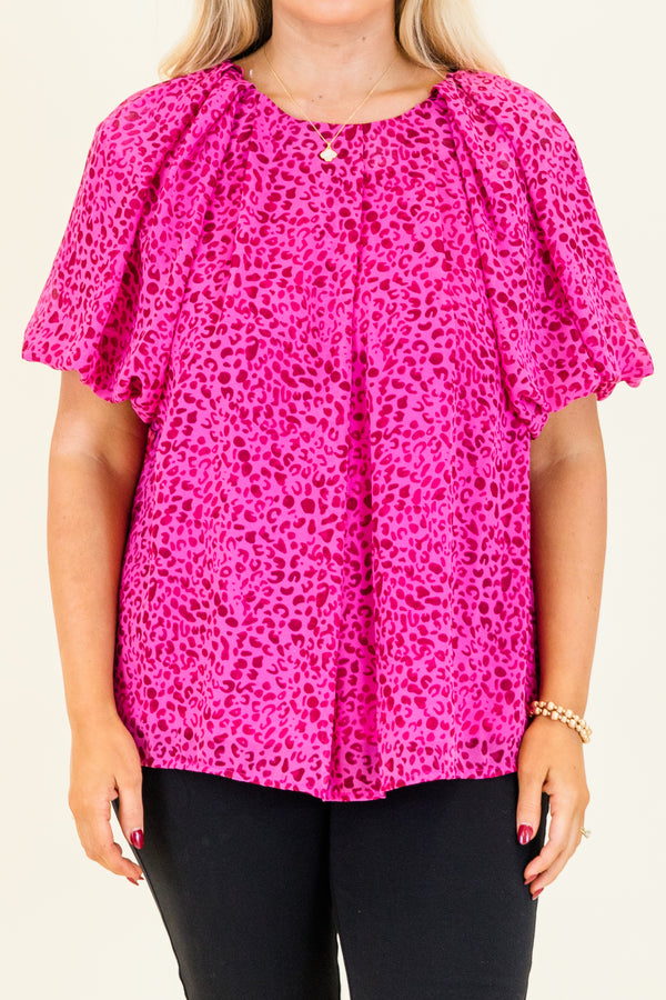 Chic Soul plus size clothing, short-ruffled-sleeve hot pink top with a scoop-neckline and dark pink leopard print pattern