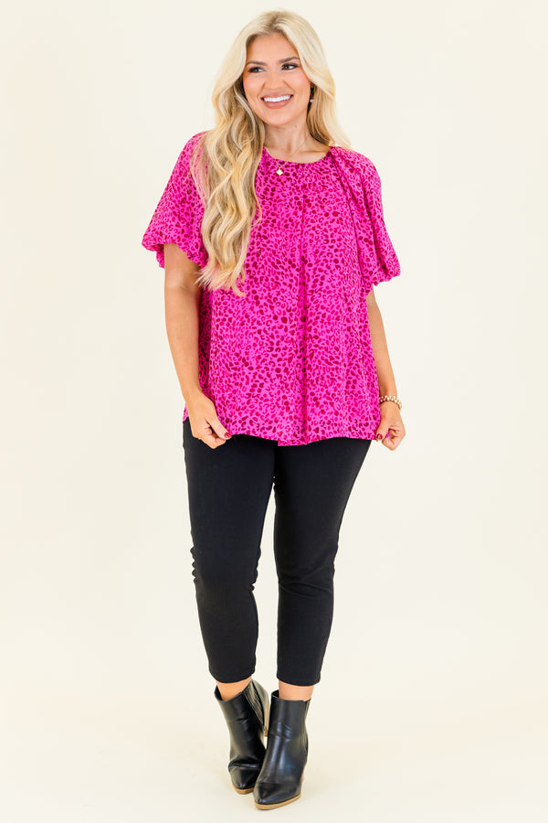 Chic Soul plus size clothing, short-ruffled-sleeve hot pink top with a scoop-neckline and dark pink leopard print pattern