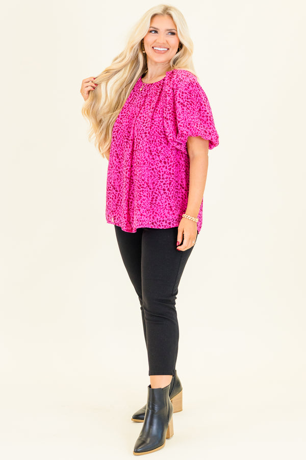 Chic Soul plus size clothing, short-ruffled-sleeve hot pink top with a scoop-neckline and dark pink leopard print pattern
