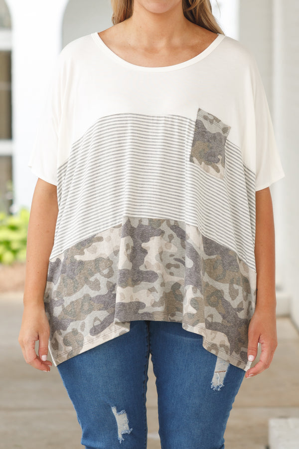 Chic Soul plus size clothing, olive green and white colorblock style top with camo and striped pattern and front pocket