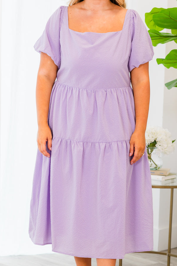 Chic Soul plus size clothing, short sleeve lavender purple midi baby doll dress with puffed sleeves and square neckline with ruffled details 