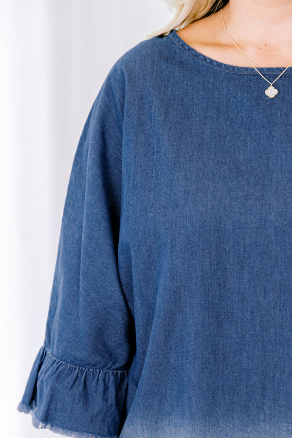 Chic Soul plus size clothing, medium wash to light wash ombre denim mid sleeve top with ruffle edge