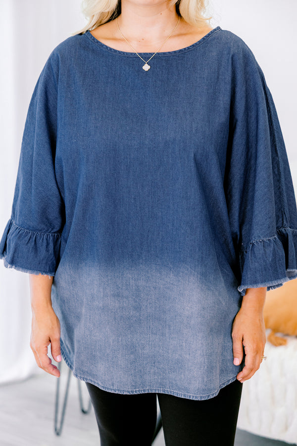 Chic Soul plus size clothing, medium wash to light wash ombre denim mid sleeve top with ruffle edge