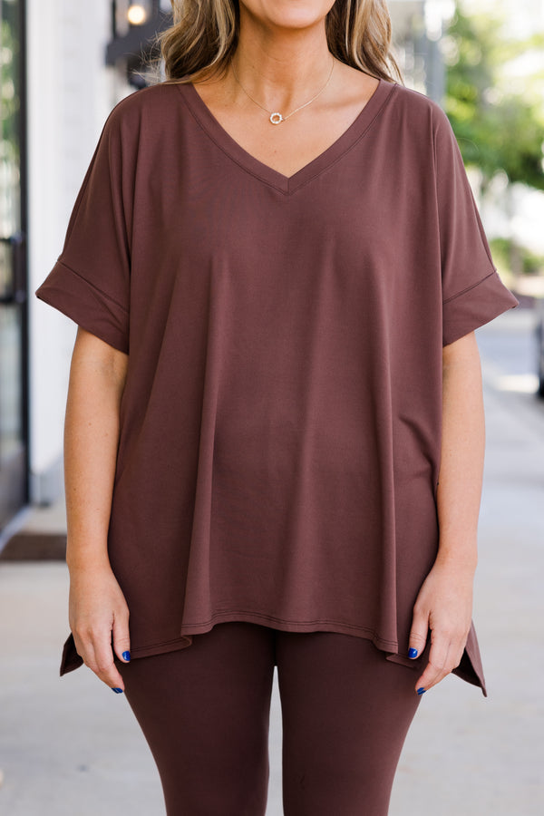 Chic Soul plus size clothing, short-sleeve brown matching top and leggings set with v-neckline 