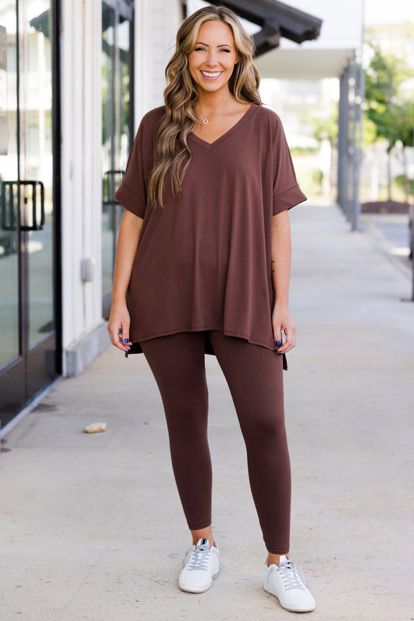Chic Soul plus size clothing, short-sleeve brown matching top and leggings set with v-neckline 