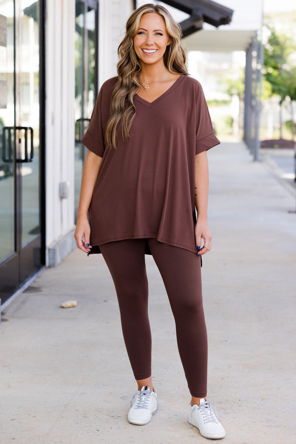 Chic Soul plus size clothing, short-sleeve brown matching top and leggings set with v-neckline 
