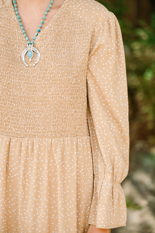 Chic Soul plus size clothing, light tan long sleeve maxi dress with texturing on the chest and a tiered bottom with small white patterning on it