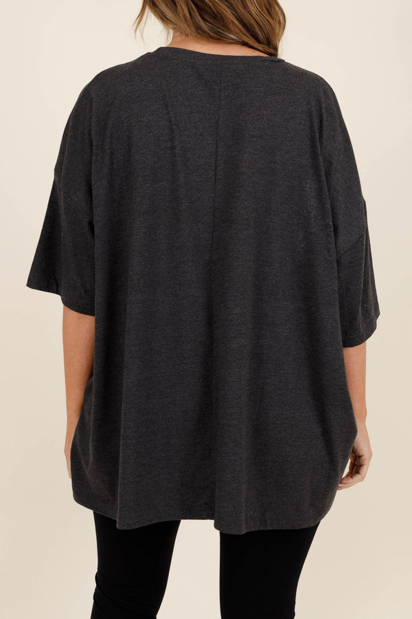 Chic Soul plus size clothing, charcoal graphic boyfriend tee with 
