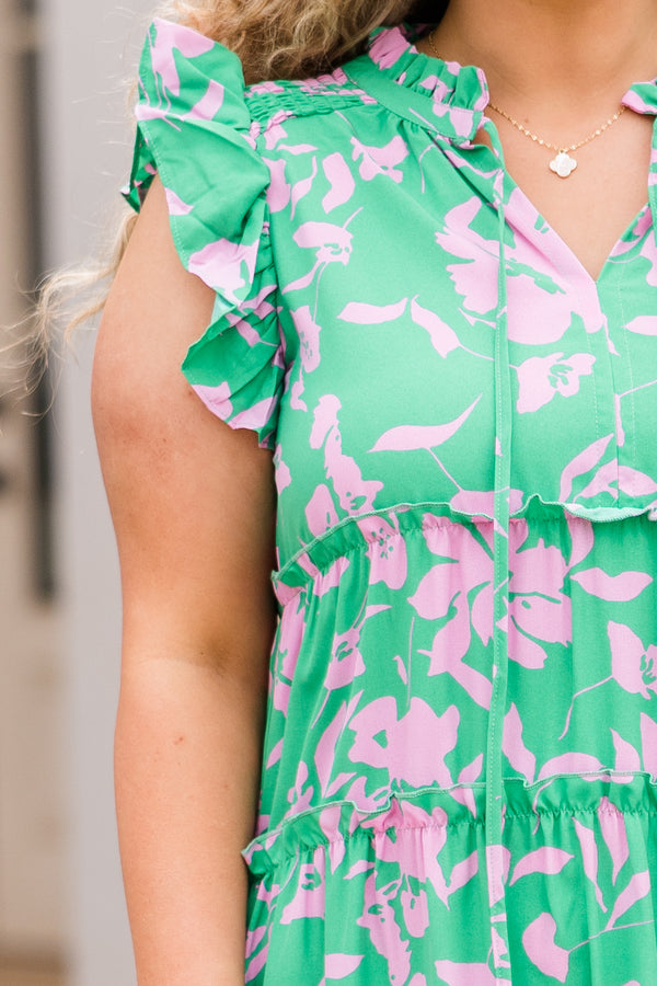 Chic Soul plus size clothing, sleeveless v-neckline green mixed colored dress with pink floral details and small ruffles