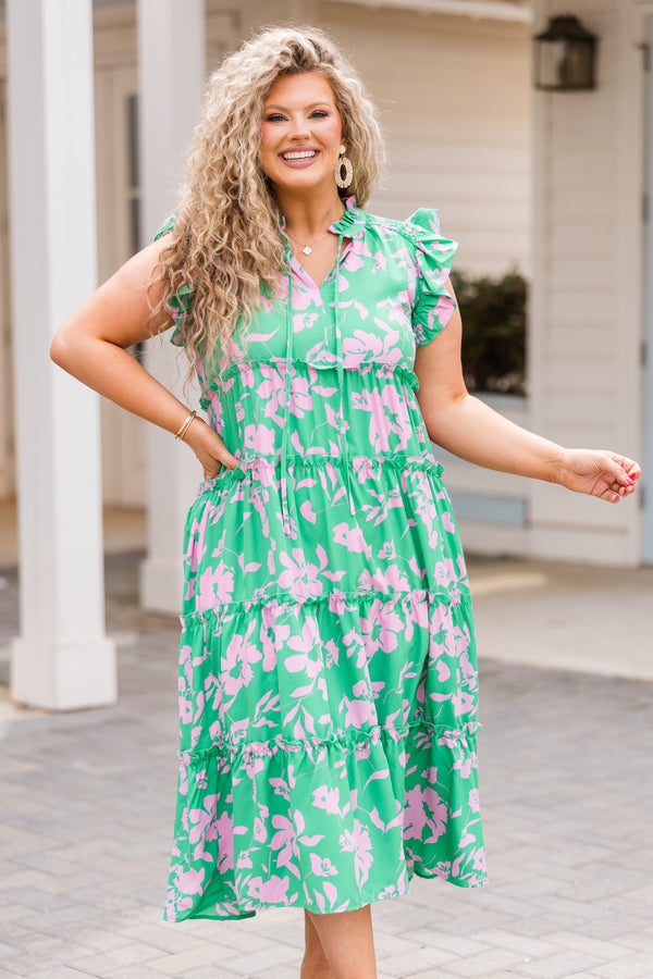 Chic Soul plus size clothing, sleeveless v-neckline green mixed colored dress with pink floral details and small ruffles