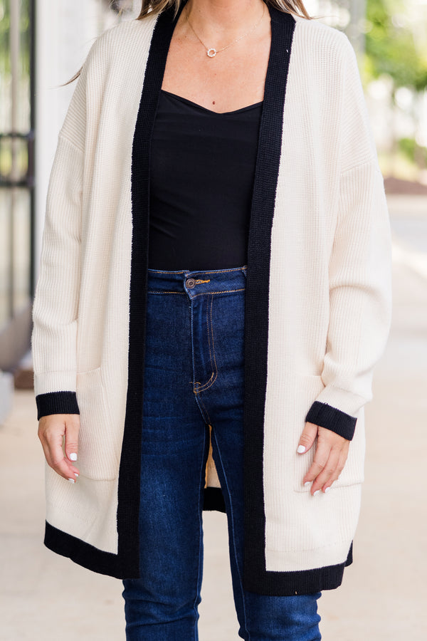 Chic Soul plus size clothing, long-sleeve cream/black color block striped cardigan with pockets 