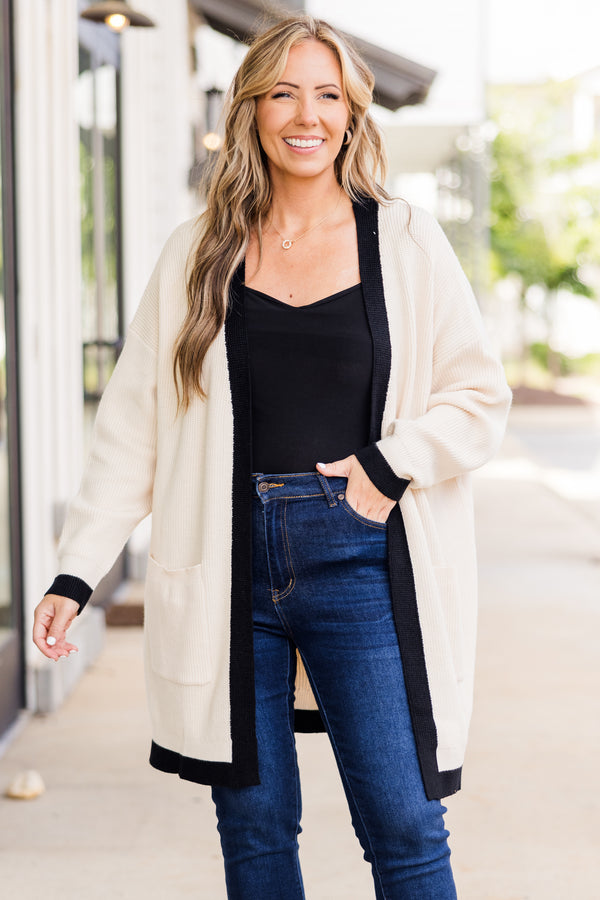 Chic Soul plus size clothing, long-sleeve cream/black color block striped cardigan with pockets 