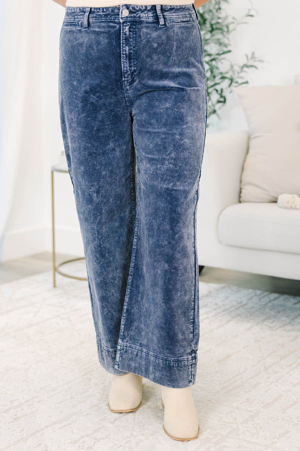 Plus Size wide-leg corduroy pants in a faded blue moon wash with a high-waisted fit.