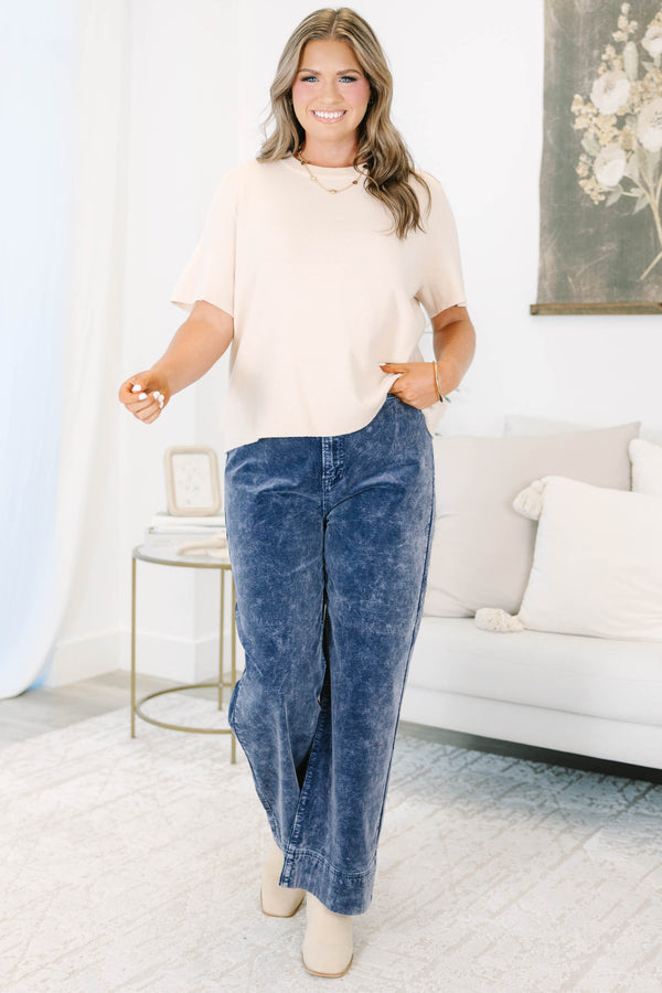 Plus Size wide-leg corduroy pants in a faded blue moon wash with a high-waisted fit.